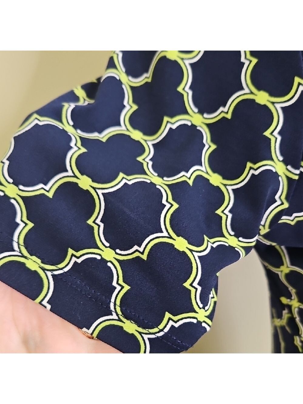 Merona Elegant Navy and Chartruesse Patterned Dress Twist At Bustline Stretchy M - Picture 7 of 12